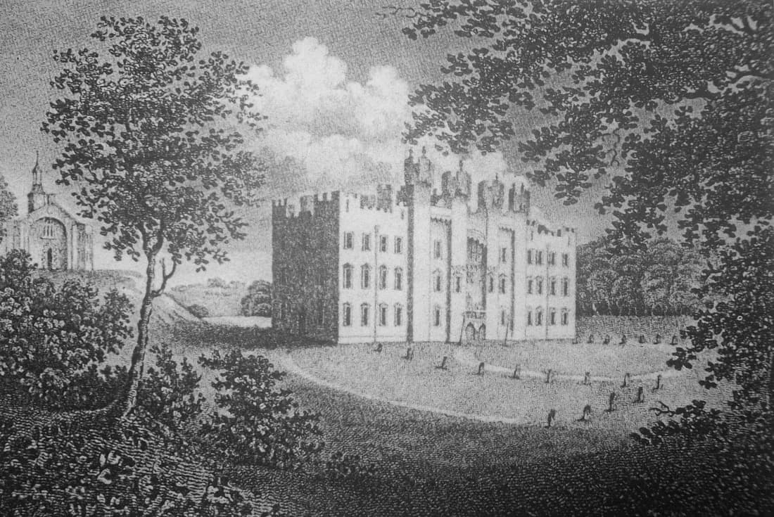 A print of Hylton Castle, a square stone gatehouse with turrets, standing in parkland among tall trees.
