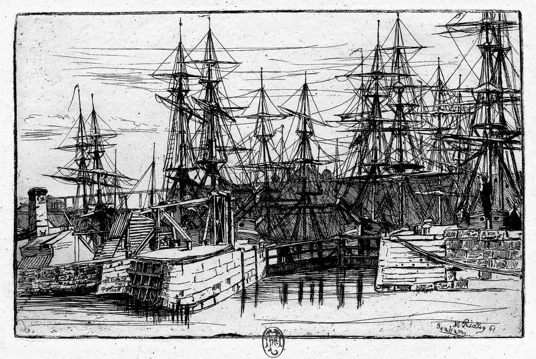 An etching of Seaham Harbour crowded with tall-masted sailing ships moored against the stone quays.